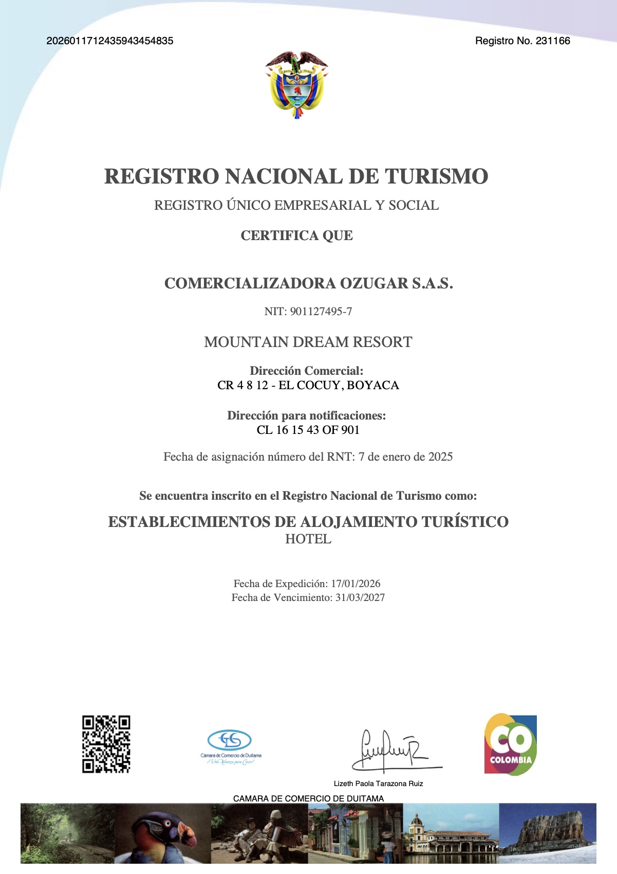 Certificado del Registro Nacional de Turismo, RNT 231166, Mountain Dream Resort